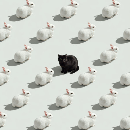 A curious black cat sits playfully in a field surrounded by fluffy white rabbits. The whimsical atmosphere adds charm and delight to the scene.の素材