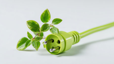 A vibrant green electrical plug rests beside fresh leaves, symbolizing the connection between nature and renewable energy solutions.の素材