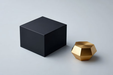 A black cube and a golden geometric shape rest elegantly on a soft gray surface, showcasing modern design elements.の素材