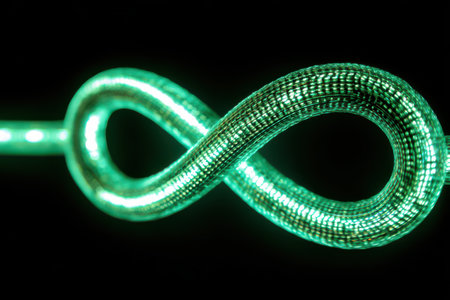 A mesmerizing green infinity symbol made of light trails shines against a dark background, creating a stunning visual effect.の素材