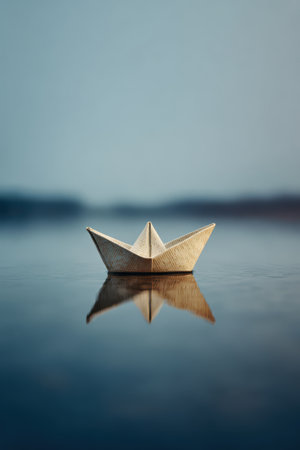 A small paper boat rests calmly on a reflective surface, surrounded by tranquil waters under a fading sky, creating a peaceful moment.の素材