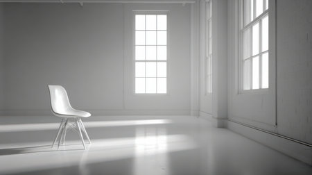 A solitary white chair stands in a bright, minimalist room, illuminated by soft light streaming through large windows, creating a serene atmosphere.の素材