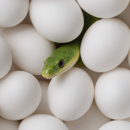 A vibrant green snake emerges from a cluster of smooth white eggs, showcasing nature's beauty and mystery in an enchanting display.の素材