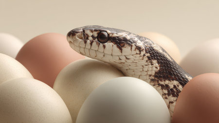A snake rests gracefully among various eggs in soft tones, showcasing a quiet moment of nature's beauty in a calm environment.の素材