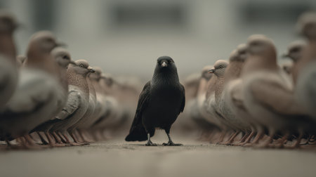 A black bird stands in the center of a group of gray pigeons on a city street, showcasing the beauty of nature amidst urban life.の素材