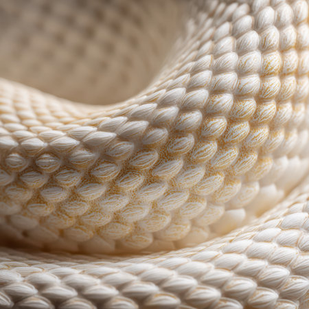 A white snake lies gracefully on a textured surface, showcasing a beautiful design of scales that glisten softly under light.の素材