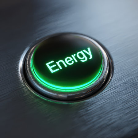 Shiny energy button glows with a vibrant green light, symbolizing activation in a sleek, contemporary environment.の素材