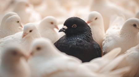 A striking black bird rests quietly amid a flock of white doves, creating a beautiful contrast. The setting is bright and peaceful, evoking calmness.の素材