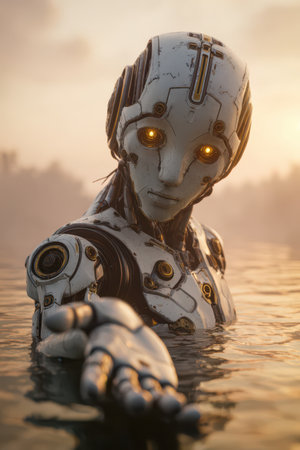 A humanoid robot stands in calm water, illuminated by glowing eyes, as the sun sets behind a serene landscape, merging nature and innovation.の素材