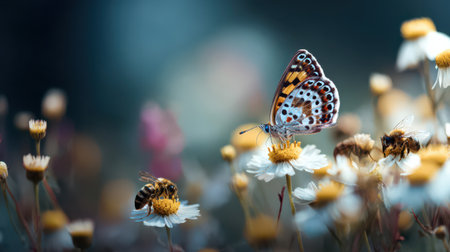 A striking butterfly rests on blooming white and yellow flowers while bees collect nectar under a bright blue sky.の素材
