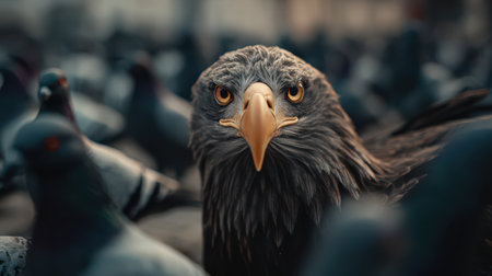 An eagle gazes with piercing eyes as it stands amid a flock of pigeons in a bustling city. The contrast highlights nature in urban life.の素材