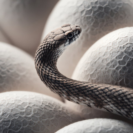 A small snake stretches its neck above a group of white eggs, displaying intricate patterns on its skin. The scene feels both enchanting and eerie.の素材