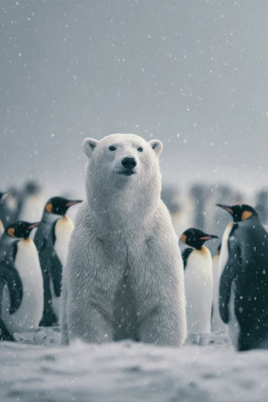 In a snowy arctic scene, a majestic polar bear stands among a crowd of emperor penguins, showcasing wildlife in winter.の素材