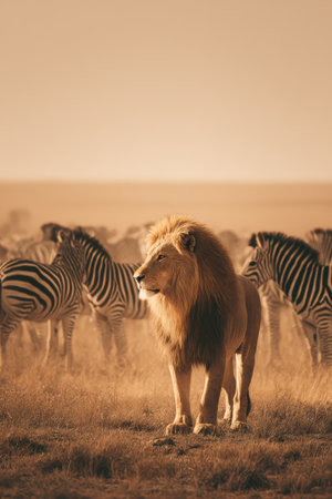 A regal lion surveys its surroundings as a flock of zebras grazes nearby at dusk in the African savannah, basking in twilight.の素材