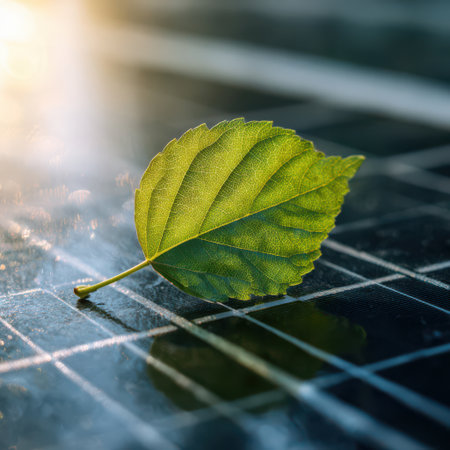 A vibrant green leaf lies flat on a dark surface, illuminated by soft morning light, highlighting its intricate veins and texture.の素材