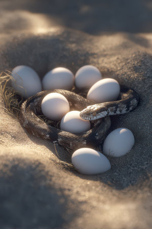 A snake rests protectively around its clutch of eggs nestled in soft sand, illuminated by early morning light.の素材