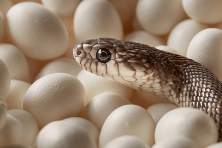 A snake coils gently around its cluster of white eggs, highlighting a moment of tranquility in nature.の素材