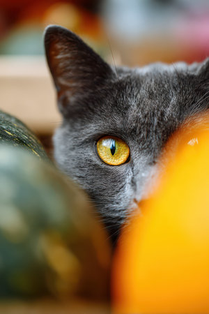 A curious gray cat with striking yellow eyes observes the vibrant pumpkins around it in an autumn scene, capturing the essence of fall.の素材
