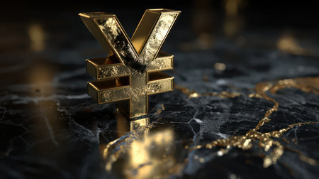 A shiny golden yen symbol stands tall on a dark marble surface, reflecting the beauty of finance and investment.の素材