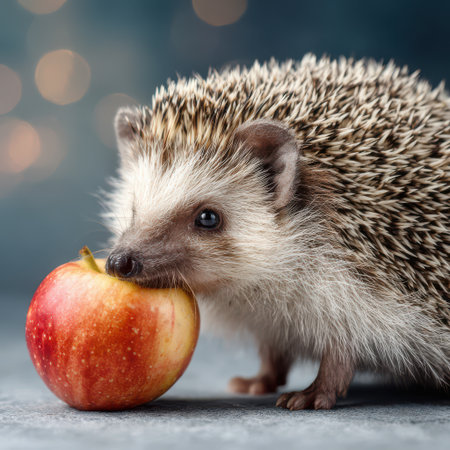 A charming hedgehog explores a bright red apple, showcasing its spiky fur against a soft background with warm bokeh lights.の素材