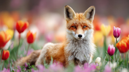 In a lush spring meadow, a fox sits gracefully among blooming tulips, showcasing its striking fur against a vivid background of colorful flowers.の素材