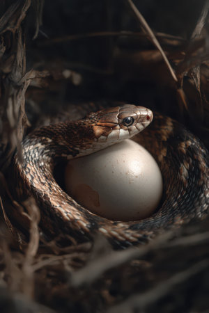 A snake curls protectively around its egg in a rustic nest made of twigs and grass. The serene scene captures nature's beauty and vulnerability.の素材