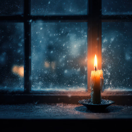A warm candle flickers gently on a windowsill while snow falls outside. The soft glow creates a cozy atmosphere during winter.の素材