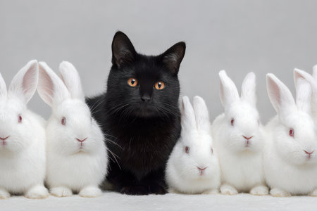 A charming black cat sits among a group of fluffy white rabbits, creating a delightful scene of friendship and companionship.の素材
