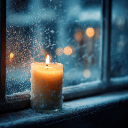 A glowing candle is placed by a window covered in frost, illuminating the dim room as snow gently falls outside.の素材