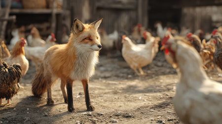 A curious fox stands among a flock of chickens, watching intently in a sunlit farmyard filled with rustic charm.の素材