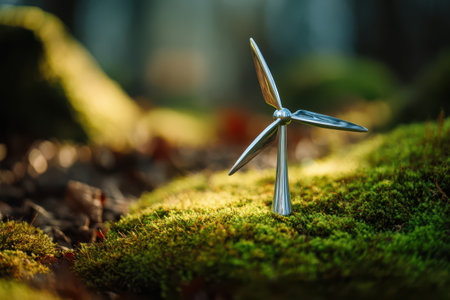 A small wind turbine made of metal is perched on a lush patch of moss, surrounded by gentle forest light and earthy tones.の素材