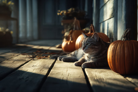 A cat relaxes on a wooden porch, surrounded by orange pumpkins under soft afternoon light. Leaves scatter gently on the floor.の素材
