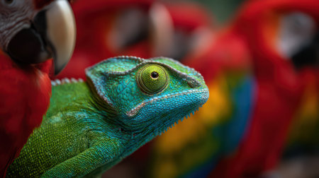 A striking green chameleon stands out among bright red macaws, showcasing the diversity of tropical wildlife.の素材