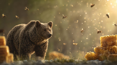 A curious brown bear wanders through a sunlit area, surrounded by buzzing bees and honeycombs, embracing nature's sweet bounty.の素材