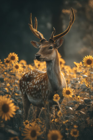 A deer with magnificent antlers poses beautifully in a lush field of sunflowers during a tranquil afternoon, surrounded by nature's splendor.の素材