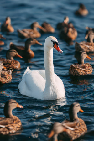 A beautiful swan glides through clear water, surrounded by a group of curious ducks as they enjoy a peaceful moment on the lake.の素材