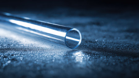 A clear glass tube lies on a dark, reflective surface, illuminated by soft light, creating intriguing shadows and highlights.の素材