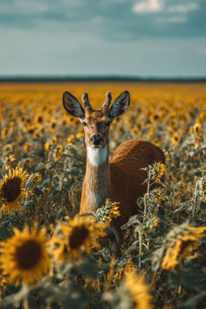 A deer stands gracefully amid tall sunflowers, basking in the warm glow of sunset. Nature reveals a stunning moment of peace and beauty.の素材