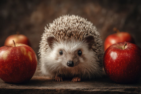 A curious hedgehog stands on a rustic wooden surface with red apples on both sides. The warm light enhances their textures and colors.の素材