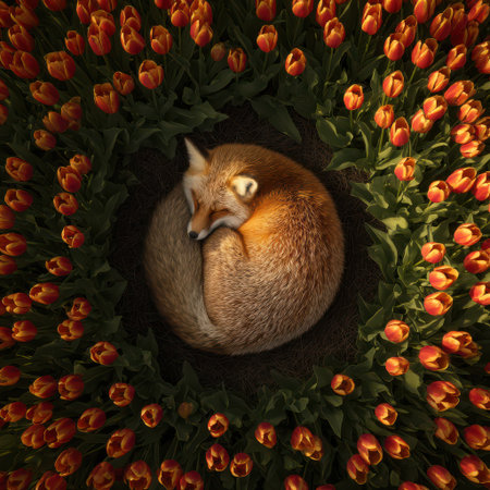A fox curls up peacefully in a circular patch of bright orange tulips on a sunny spring day, creating a beautiful contrast with nature.の素材