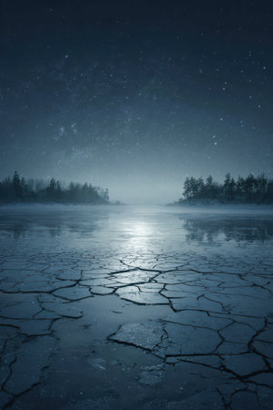 A frozen lake glimmers under the moonlight, surrounded by misty trees and a star-filled night sky, creating a serene and magical atmosphere.の素材