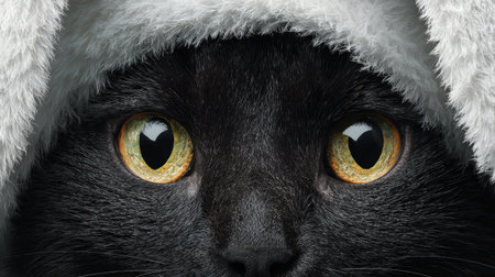 A curious black cat with striking yellow eyes is peeking out from beneath a soft white hood. The unique contrast creates a captivating scene.の素材