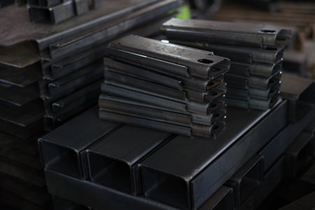 Metal parts are neatly arranged in stacks, prepared for the next phase of boiler production in a...