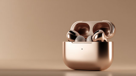 Elegant wireless earbuds sit comfortably in their sleek charging case on a smooth, neutral-toned surface, showcasing modern design.の素材