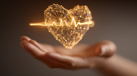 A glowing heart shape radiates light in the air above an outstretched hand, symbolizing vitality and connection.の素材