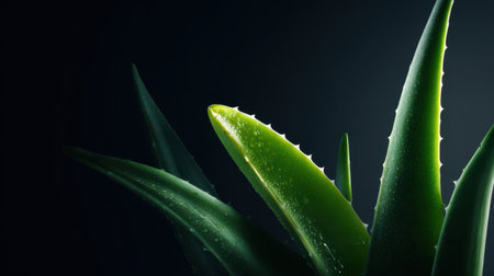 Lush aloe vera leaves stretch upward, glistening with moisture, illuminated by gentle light creating a serene ambiance.の素材
