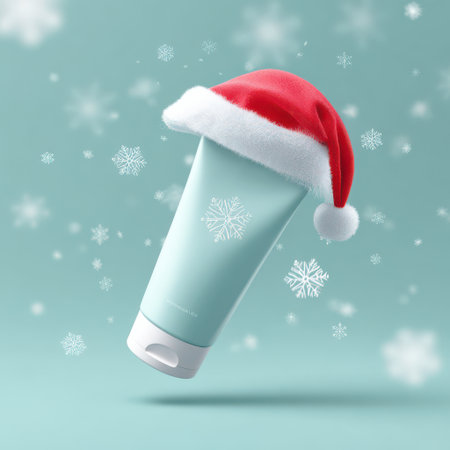 A light blue skincare tube wears a fluffy red Santa hat, surrounded by soft snowflakes in a serene winter atmosphere.の素材