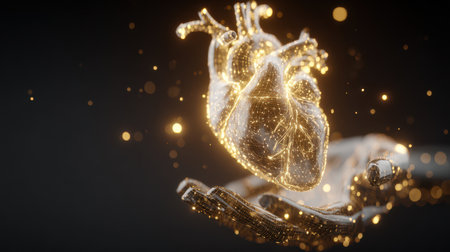 A glowing heart hovers above an open hand, radiating warmth and energy in a dark setting, representing life and affection.の素材