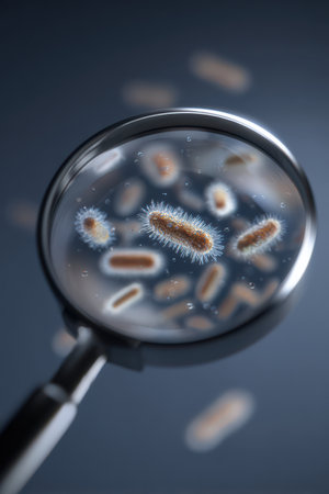 A magnifying glass focuses on various microscopic organisms, showcasing their delicate details and shapes.の素材
