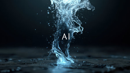 Water bursts upward, creating a stunning display that forms the letters AI. The dark background enhances the clarity of the splash.の素材